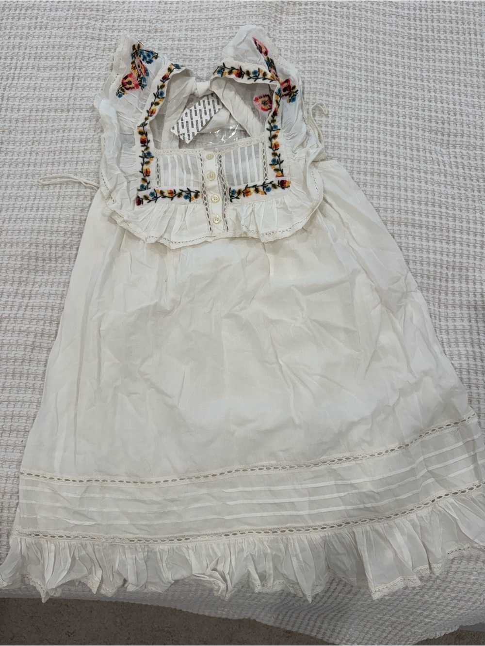 Urban Outfitters White Embroidered Ruffle Cotton Sundress with Floral Accents